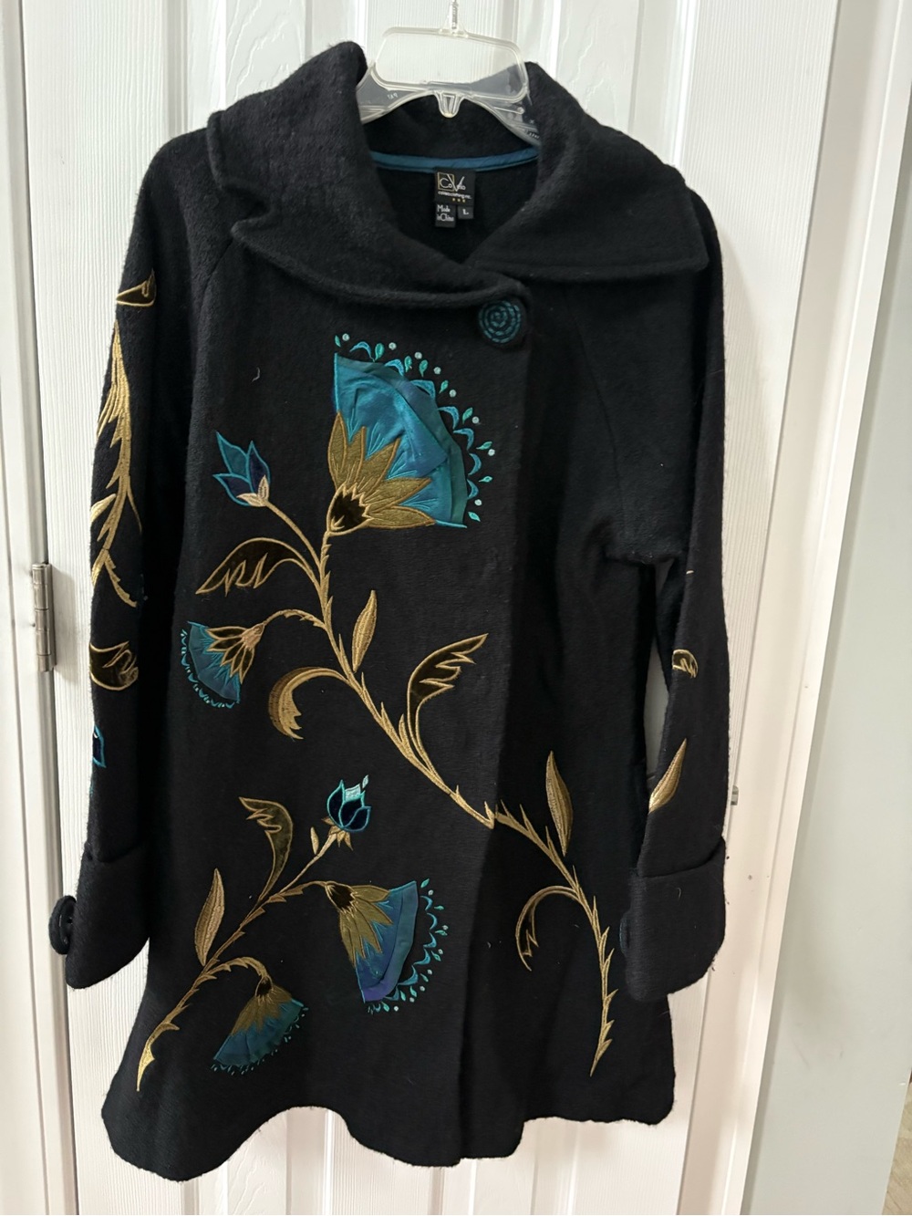 CoVelo -Wearable Art- Black Sweater Coat with Teal and Gold Floral Embroidery -